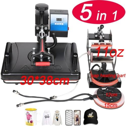 New Design 5-in-1 Combo TC T-Shirt Heat Press Machine 30x38cm Heating Plate Transfer Printer For Mug Cap Shoe Phone Case Cup Pen