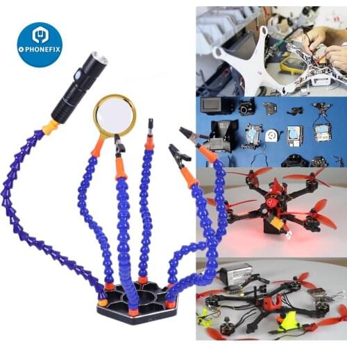 Helping Hands Soldering Third Hand Tools with 3X Magnifier Light 6 Flexible Arms Aluminum Base for RC Helicopter Drone Repair