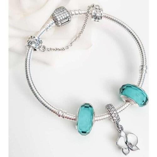 New 925 Sterling Silver Fashion Classic Button With Orchid Pendant Charm Bracelet Fit Original Pan Charm Female Diy Jewelry