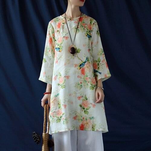 Johnature Women Vintage Print Floral Shirts Ramie Button Chinese Style Blouses 2021 Autumn New V-Neck Seven Sleeve Female Shirts