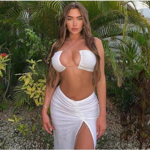 Strapless Drawstring Two Pieces Set Women Summer Halter Crop Top Stacked Split Long Skirt Suit 2021 Matching Sets Outfit