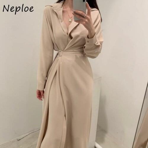 Neploe Work Style Ol Temperament Dress Women Turn Down Collar Long Sleeve Solid Vestidos High Waist Hip Sashes Robe Spring