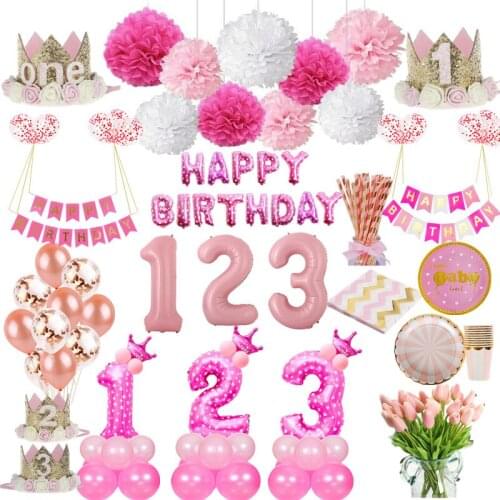1st Birthday Decorations First Birthday Girl Party Decoration Balloons 1 Year Birthday Decorations Baby Shower Decor 1 Birthday