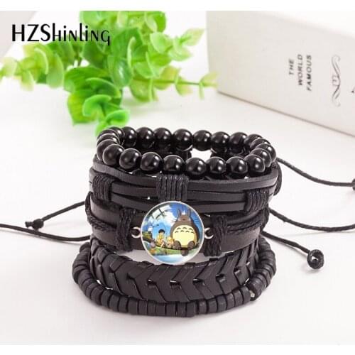 2021 New 5pcs/set My Neighbor Totoro Leather Bracelet Anime Bracelets Glass Cabochon Jewelry Men Women