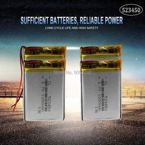 4pc 1000mAh 3.7V 523450 Polymer Lithium Rechargeable Battery For GPS Smart Phone DVD MP3 MP4 MP5 Led Lamp Lipo cell