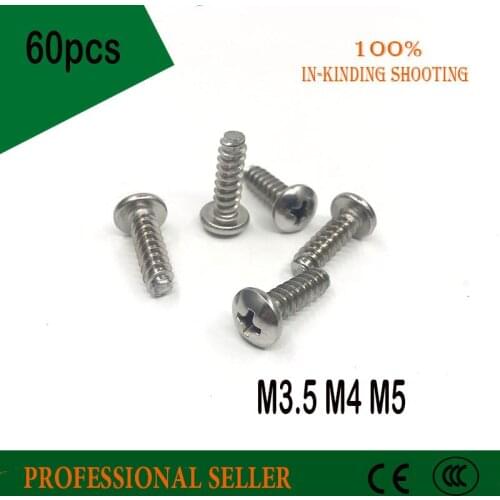 60PCS M3.5 M4 M5 304 Stainless Steel Round Pan Head Flat Tail Self-tapping Phillipps Screw Bolt