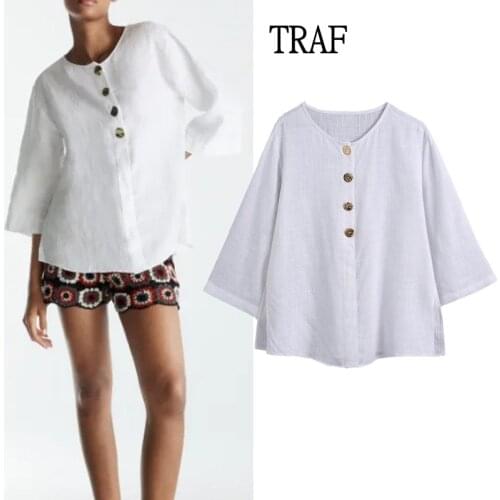 TRAF Za 2021 Bloues Summer White Shirt Woman Cotton linen Long Sleeve Top Women Vintage Loose Female Shirts Blusas Chic Tops