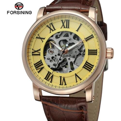 FORSINING WATCH Trendy fashion Roman numerals yellow two digital perspective movement white three pointer belt mechanical watch