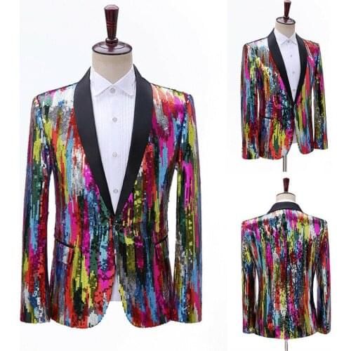 Men Shawl Lapel Blazer Colorful Glitter Sequin Top Jacket Dance Costume Fit C177