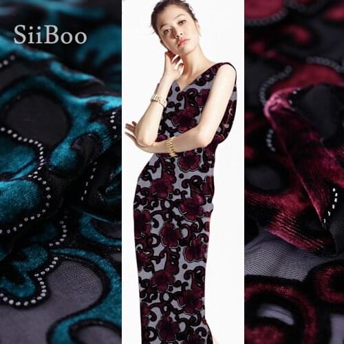 Elegant blue red floral burnout rayon flocking silk fabric for dress bronzing silk tissu tecido stoffen SP4834 FREE SHIPPING