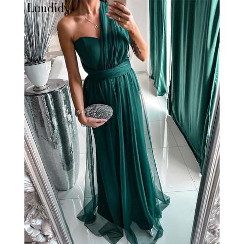 Elegant Mesh One Shoulder Evening Maxi Dress Women Solid Sexy Party Dress