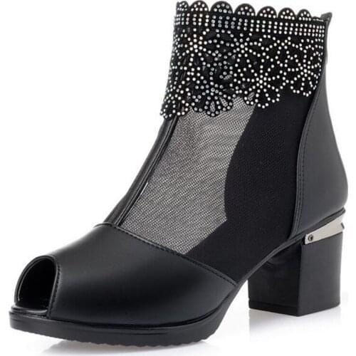 Noble Elegant Rhinestone Summer Women Sandals 2021 New Cowhide Mesh Women Shoes Boots Fashion Sandals High Heels Large Size 43