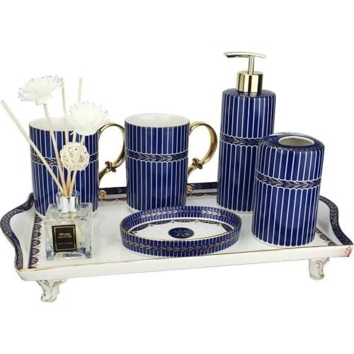 Ceramic Bathroom Accessories Set Soap Dispenser Toothbrush Holder & Gargle Cups Soap Dishes Lavatory 5 Piece Set Wedding Gift