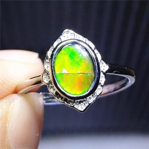 9x7mm Natural Ammonite Ammolite Colorful Green Adjustable Ring Gemstone Woman Clear Beads 925 Sterling Silver Fashion AAAAA