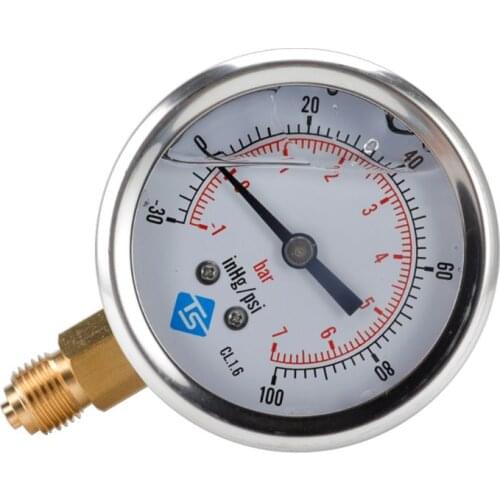Compound Pressure Vacuum Gauge Glycerine Filled -1/10Bar & -30*Hg 1/4 BSP Bottom