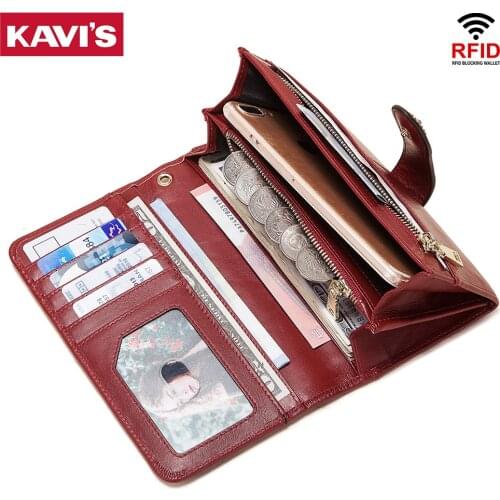 KAVIS Rfid Genuine Leather Women Female Wallet Clutch Lady Long Walet Portomonee Luxury Girls Money Bag Magic Zipper Coin Purse
