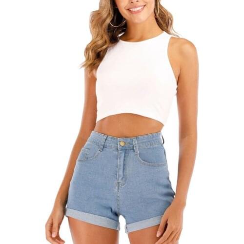 Summer Womens High Waist Denim Shorts Casual Trendy Rolled Cuff Washed Short Jeans with Pockets
