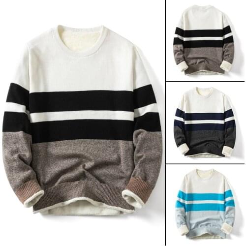 Sweater 2021 mens round neck sweater loose casual color matching sweater brown youth winter pullover plus velvet thick sweater