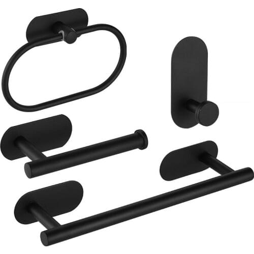 No Drilling Black Bathroom Accessories Sets Toilet Tissue Roll Paper Holder Towel Rack Bar Rail Ring Robe Clothes Hook Hardware