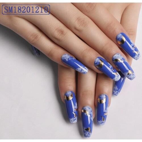 Fake Nails Long Blue Sky and White Clouds Wear Nail Stickers Finished Nails 24 With Glue TY