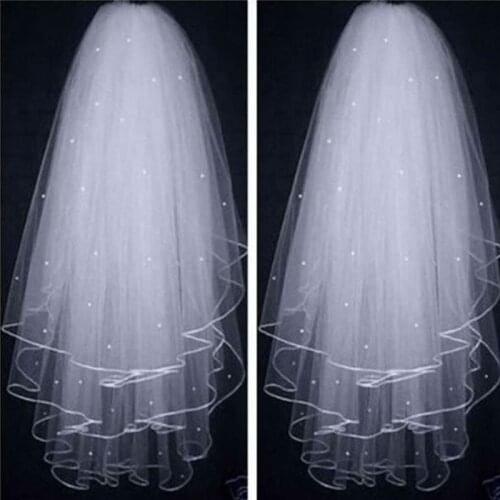 Cheap Velos de Noiva Three Layers Ribbon Edge Wedding Veil With Pearls White Ivory Short 3 Layers Bridal Veil