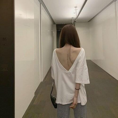 2020 New Backless Top Mid-Length Loose All-match Student Short-Sleeved T-shirt Female Girlfriends Tops Bottoming Shirt