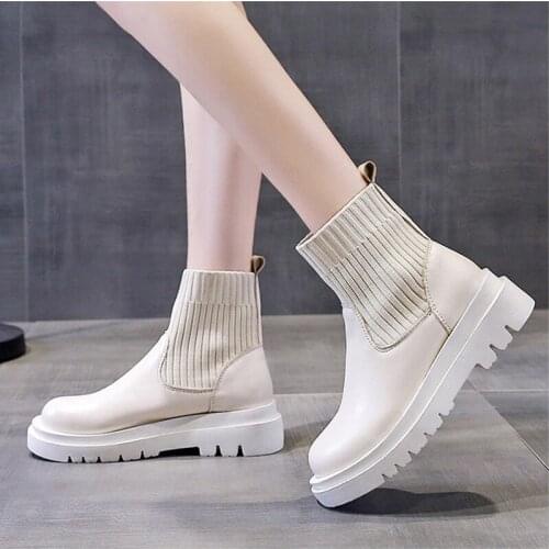 Comemore New Womens Ankle Boots Autumn Slip-On Shoes Woman Fashion Knitted Elastic Platform Low Square Heels Leather Short Boot