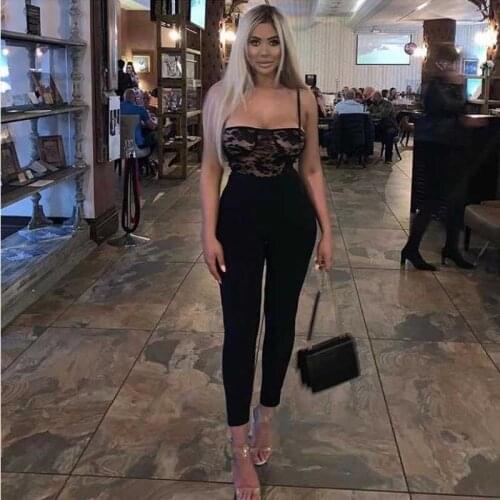 Wholesale Newest Celebrity Party bandage Jumpsuit black Spaghetti Strap Elastic tight Sexy Women Jumpsuit