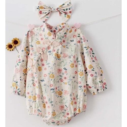 Autumn Baby Girl Bodysuit Hanfu floral baby cotton long-sleeved Jumpsuit romper plus hair band One-Piece Suit