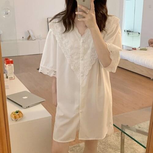 Sexy Lace V Neck Night Dress Women Short Sleeve Chiffon Ice Silk Sleepwear Sweet Summer Nightgowns Loose Ladies Nightshirt