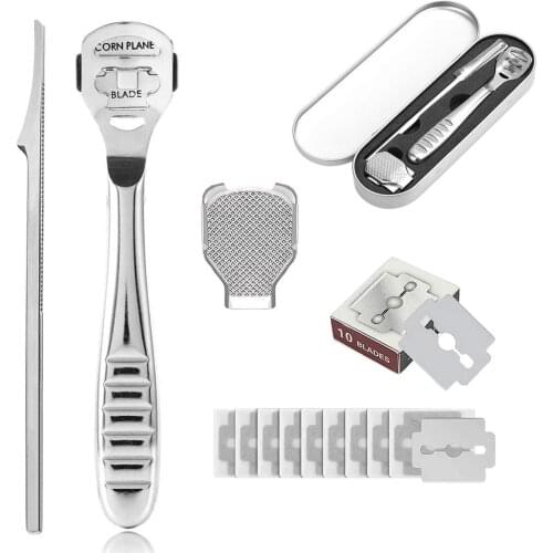 Stainless Steel Foot File Pedicure Tools Callus Remover for Dead Skin Foot Care Tool Heel Shaver with 10 Replacement Blades
