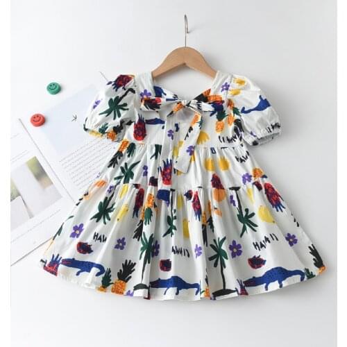 Girls Princess Dresses Baby Girl Summer Cartoon Print Vestidos Short Sleeve Kids Ruffles Clothing For 4-7 Years Girl