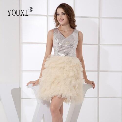 Homecoming dresses Short V-Neck Champagne and Silver Sequin Bodice Vestidos de Graduacion Tulle Dress