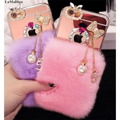 Luxury Bling Diamond Bowknot Tassel Warm Soft Rabbit Fur Phone Case For iphone 11 Pro MAX 5S 6S 7 8 Plus X XR XS Max Phone Case