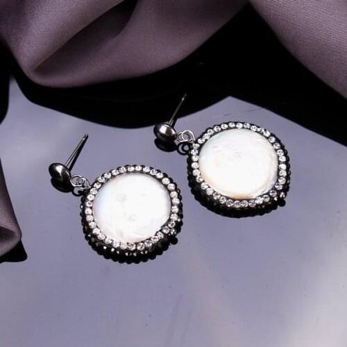 Sinzry Brand new statement jewelry Hot stainless steel round plate natural shell drop earrings elegant zircon wedding earrings