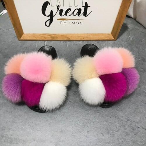 Fur Slides Women Fur Slippers Furry Fox Fur flip flops women zapatillas de mujer Cute Fluffy shoes Real Raccoon Rainbow Shoe