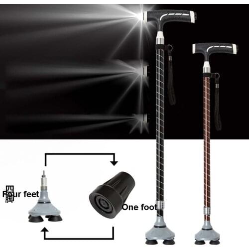 Smart cane with lamp telescopic old man Non-slip adjustable sticks elderly Aluminum alloy T-handle Four feet walking stick
