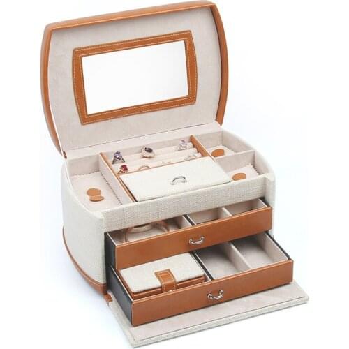 Vintage PU linen jewelry boxes Three layers of double drawers receive jewelry box jewelry box drawer organizer storage box