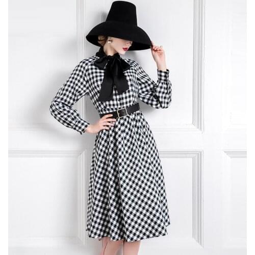 High-End Celebrity Dress 2021 New Spring Checked Retro Waist A-Shaped Dress