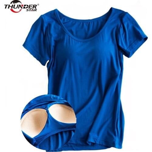 Modal Built in Padded Bra T-shirt Womens Short Sleeve Breathable Clothing Female Bottoming T Shirt Tops Casual Lady Top Tees