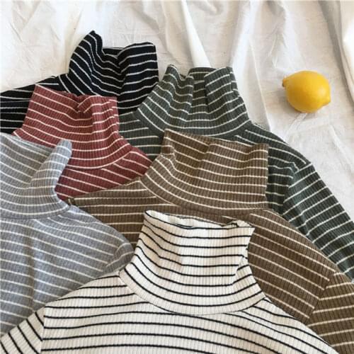 Limited Time Loss-High Collar Womens Autumn and Winter Loose Black and White Striped Long Sleeve T-shirt