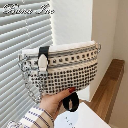 Women Bag Leather Chest Bag Casual Rivet Zip Waist Bags For Women Crossboy Bag Metal Chain Satchel Small Phone Pouch Bum Bags