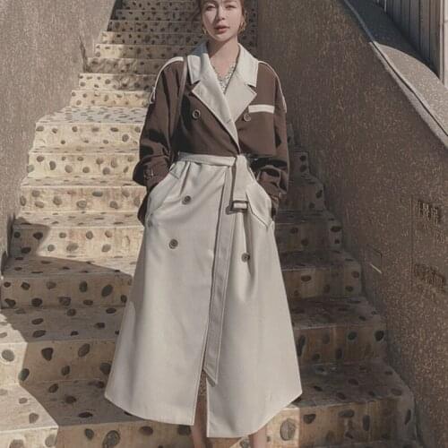 Windbreaker Coat Womens 2021 Spring Autumn New Mid-Length Fashion Splicing Loose Casual All-Match Casual Trench Coat Female A533