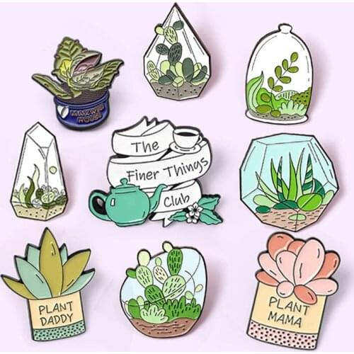 9 Styles Potted Plant Enamel Pins the finer things club Custom Cactus Aloe Brooches Lapel Catoon Badge Jewelry Gift Kids Friends