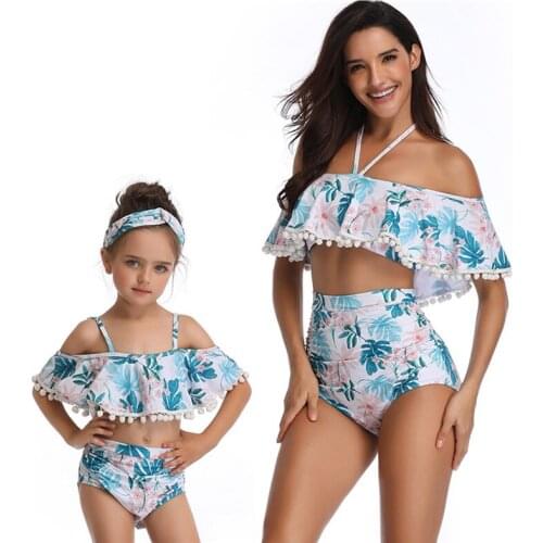 Halter Flounce Women Two Piece Mommy Daughter Swimsuits Swimwear Women And Girl High Waist Parent-child Swimming Bathing Suit