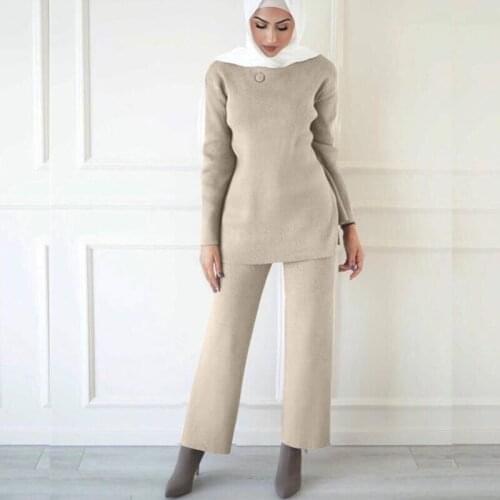 Fall Ribbed Knit 2pc Matching Set Women Long Sleeves Tops Shirt with Tie & Wide Leg Long Straight Pants Chic Muslim Set Modesty