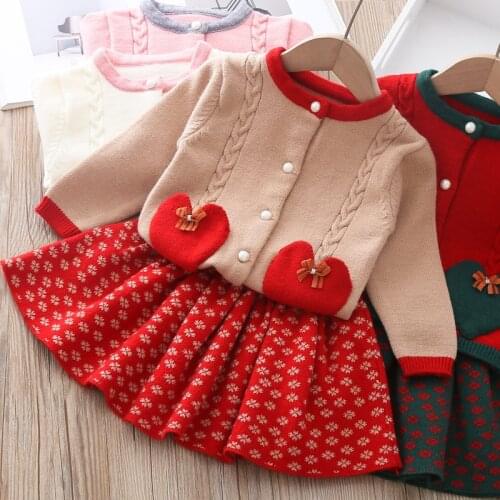 Baby Girls Winter Clothes 2020 Knitted Love Sweater T-shirt With Flower Skirt Two-piece 1-5 Years Autumn Kids Girl Clothing Set