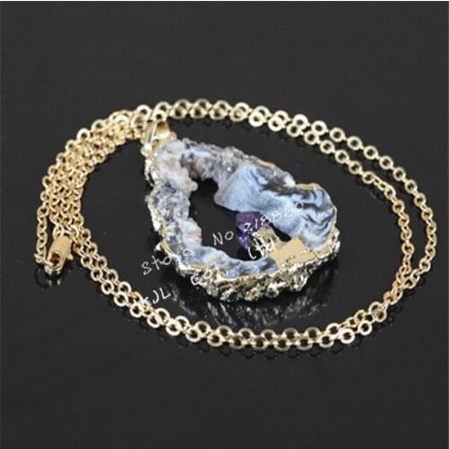 1pcs fashion Druzy Jewelry Pendant Necklace natural Geode Slice Drusy gem stone gold Edged Pendant necklace