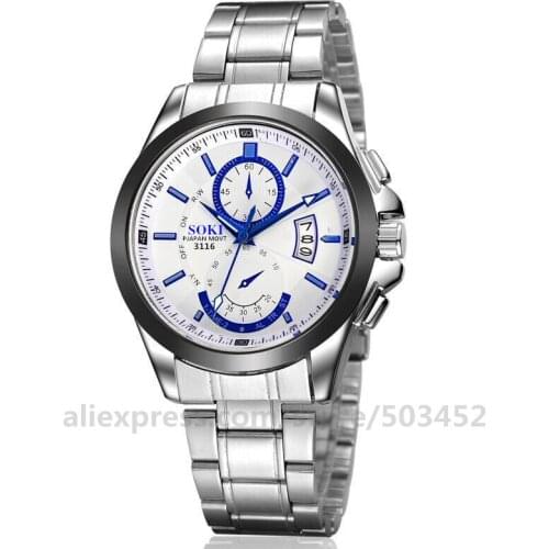 100pcs/lot SOKI stain steel watch for men classic design colorful dail calendar quartz watch nice wrist watch for gentleman