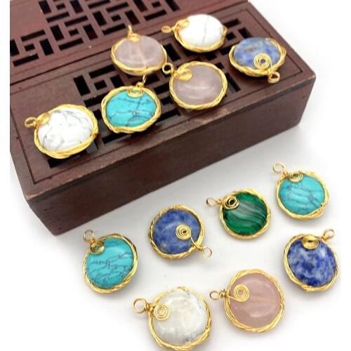 3pcs Natural Stone Oblate Pendant Malachite Pink Crystal White Blue Turquoise Color Hand-wound Necklace Pendant 18x24mm